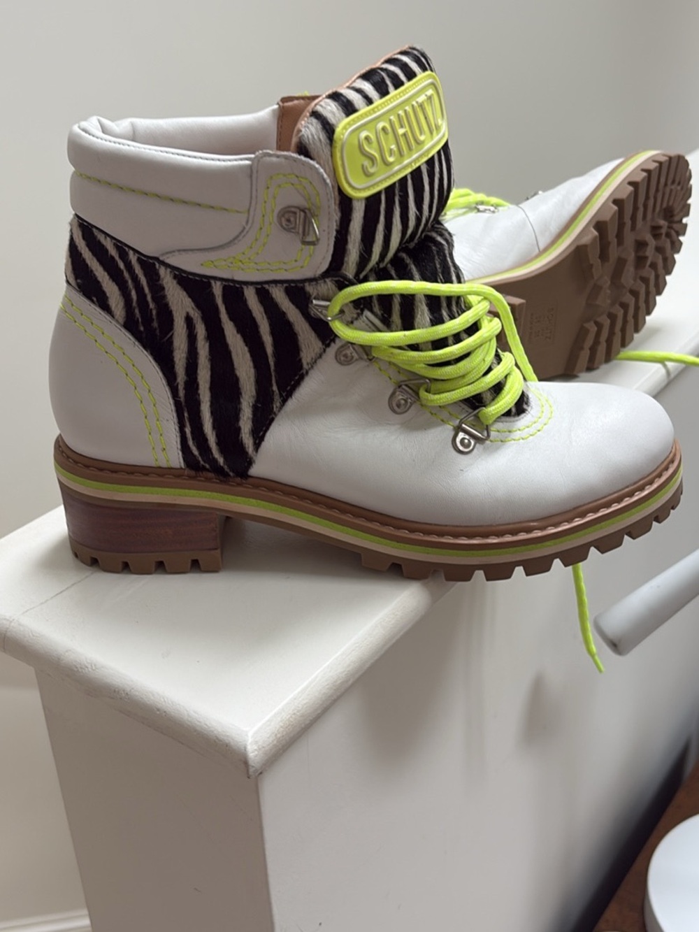 SCHUTZ White Zebra-Print Lace-Up Ankle Boots with Neon Yellow Laces